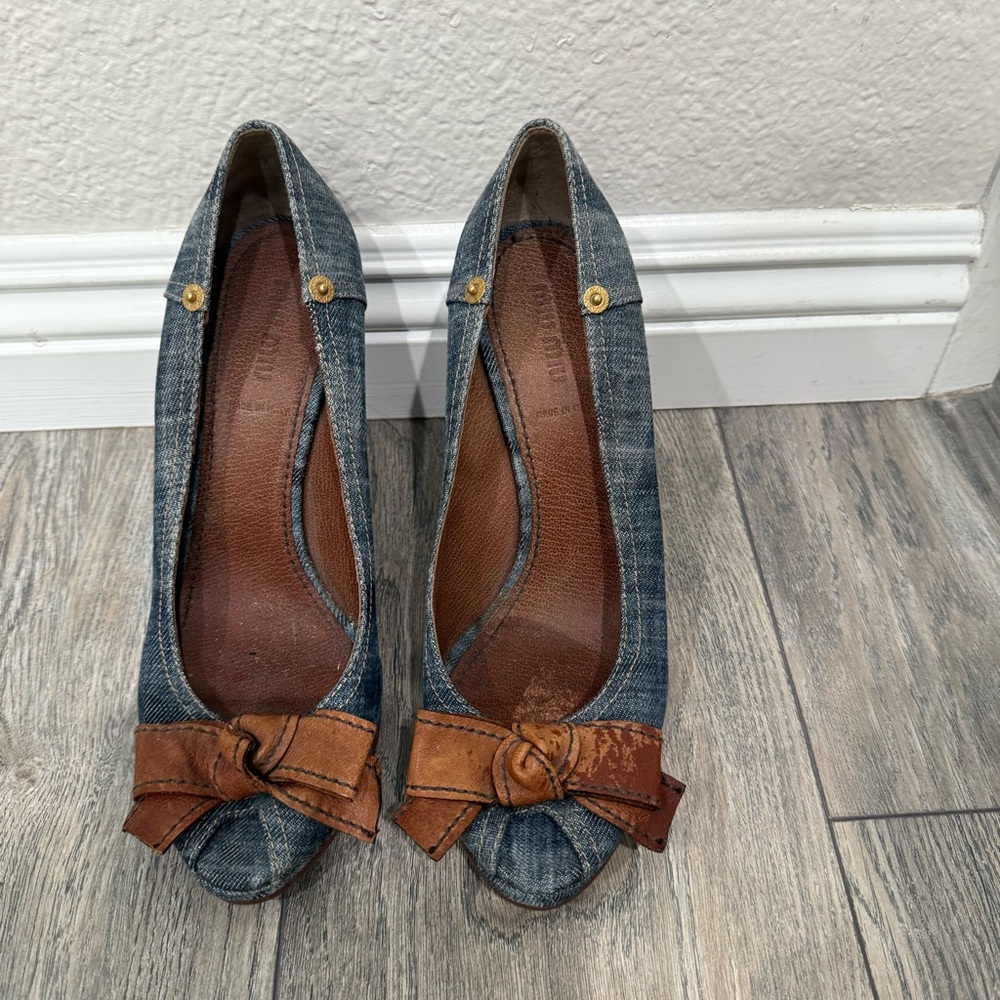 Mui Mui Blue Denim Peep Toe Wedge Heels